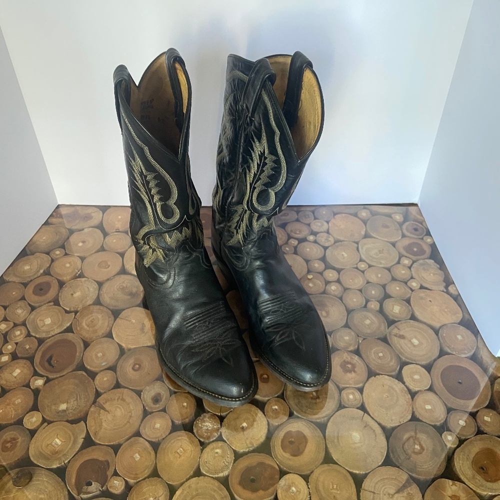 Tony Lama Black Leather Cowboy Boots with Tan Stitching